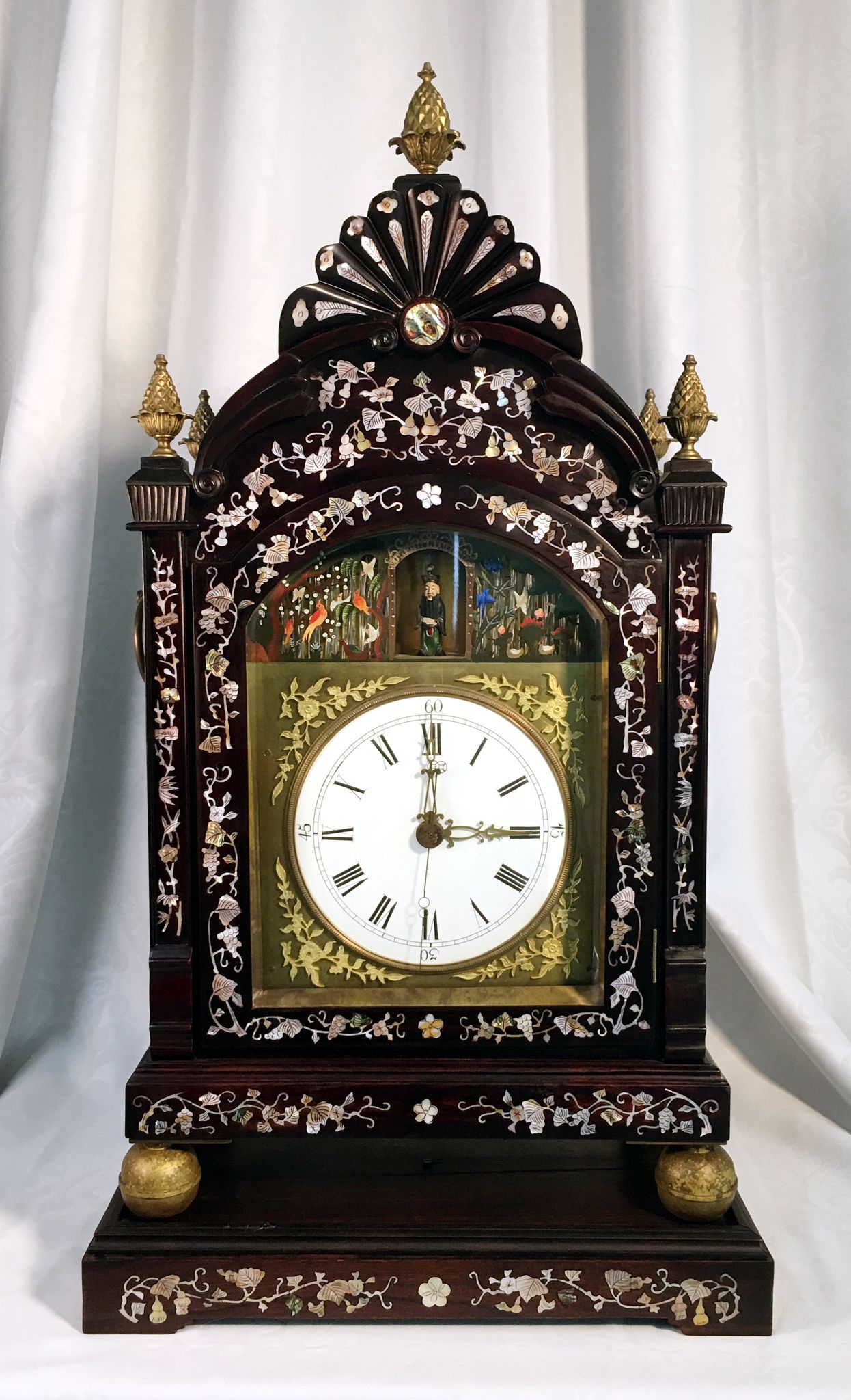 Redwood Inlaid with Mother-of-Pearl Peacock Opening Clock of Blessings