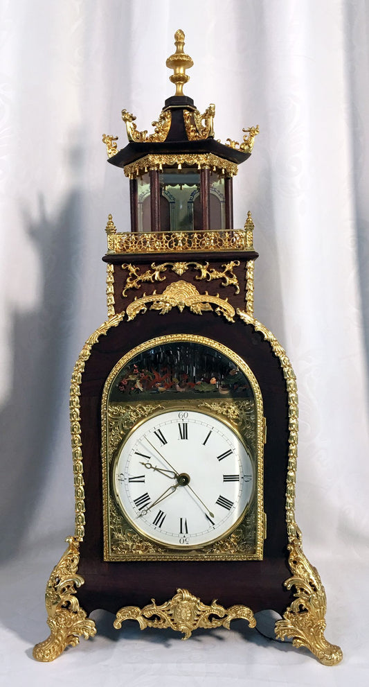 Redwood Inlaid with Copper Gilt Figurines and Water Duck Mechanism Pavilion Clock